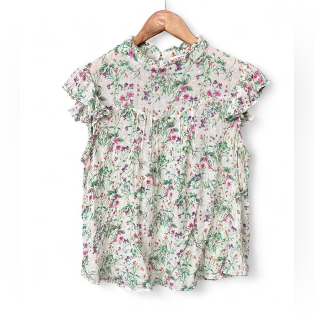 Rose & Olive Boho Cottagecore Flutter Sleeve Ruffle High Neck Blouse, Size M